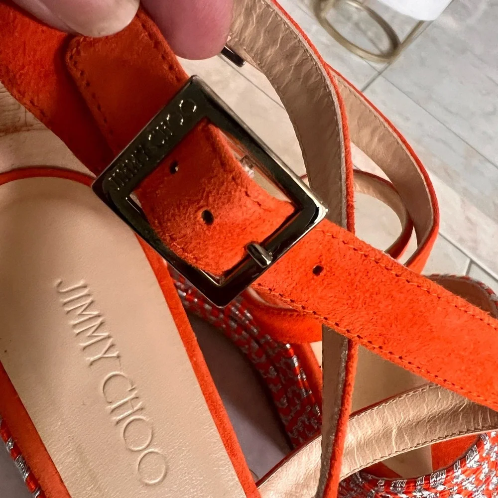 Jimmy Choo Silver and Orange suede Espadrilles/Wedges - Picture 2 of 10